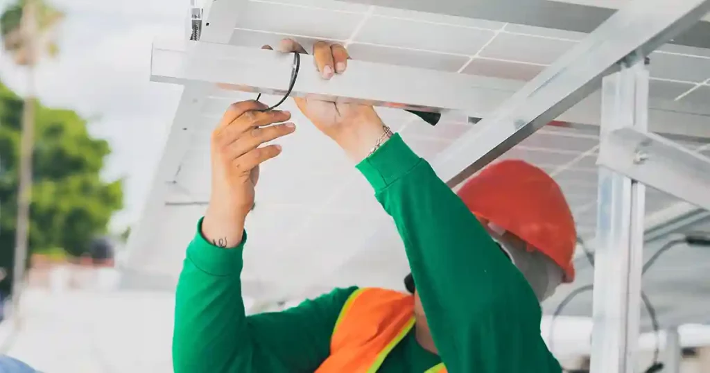 Installateur de panneaux photovoltaiques sur un carport solaire.